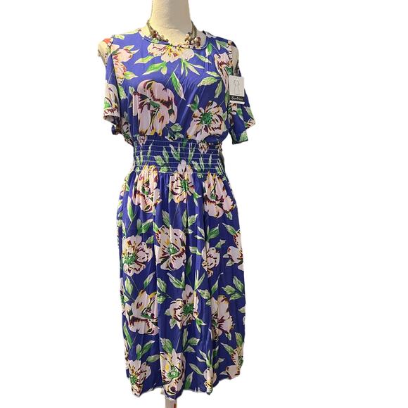 NWT FACTORIES CONNECTION BLUE FLORAL POLY SPANDEX COLD SHOULDER SUN DRESS XL-XXL - Picture 2 of 10